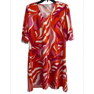 La Mer Luxe Orange Pink Psychedelic Puff Sleeve Midi Dress Women’s Medium